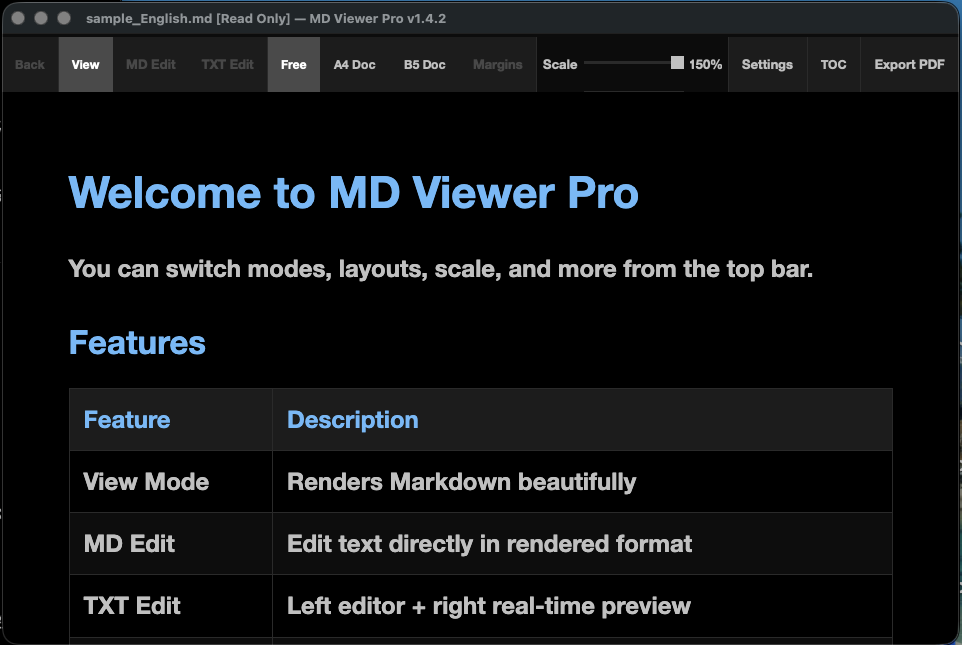 MD Viewer Pro v1.4.2 showing a Markdown document in dark mode
